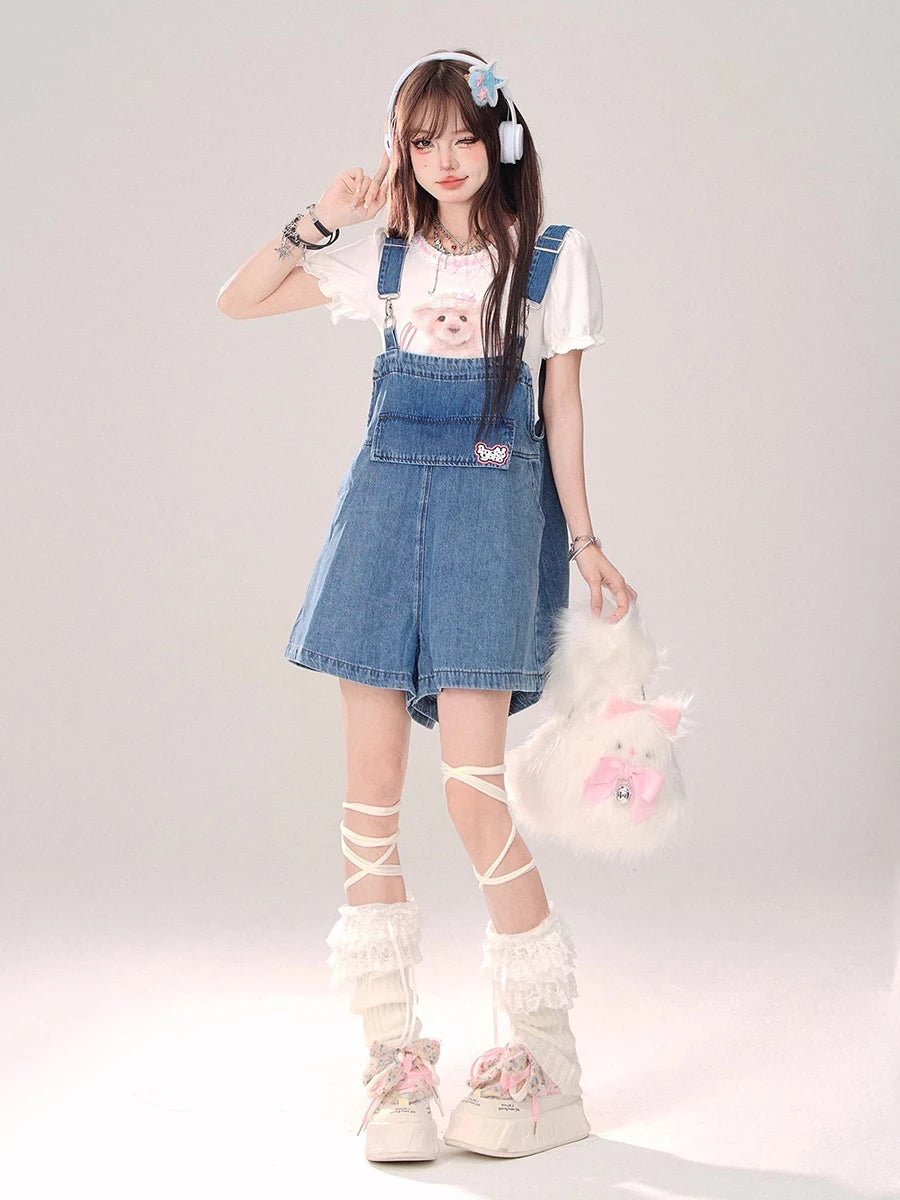 REDDACHiC Denim Blue Bunny Ears Rompers Women Star Rivets Sleeveless Wide Leg Solid Casual Overall Shorts Jumpsuit Streetwear