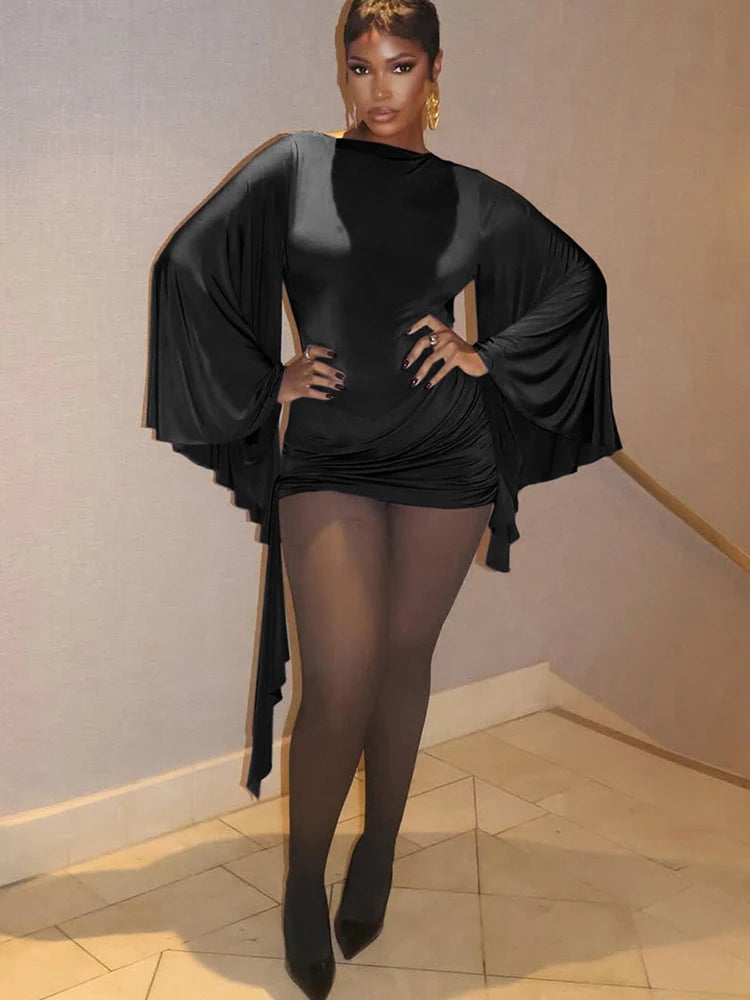 Weird Puss Ruched Elegant Playsuit Woman O-Neck Backless Batwing Collar Skinny Peach Hip Midnight Club Party Sexy Fashion Romper