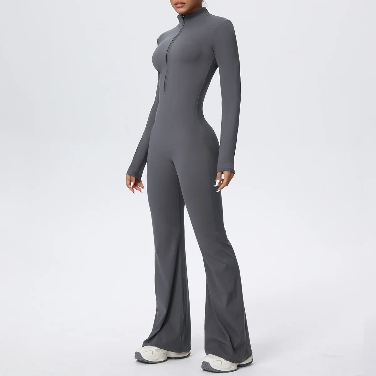 Women Long Sleeve Flare Workout Zip Up Romper Bottom Pants Wide Leg Bodysuit Bodycon One Piece Jumpsuit Activewear XP27