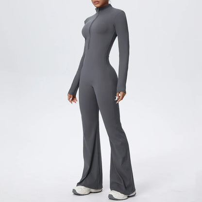 Women Long Sleeve Flare Workout Zip Up Romper Bottom Pants Wide Leg Bodysuit Bodycon One Piece Jumpsuit Activewear XP27