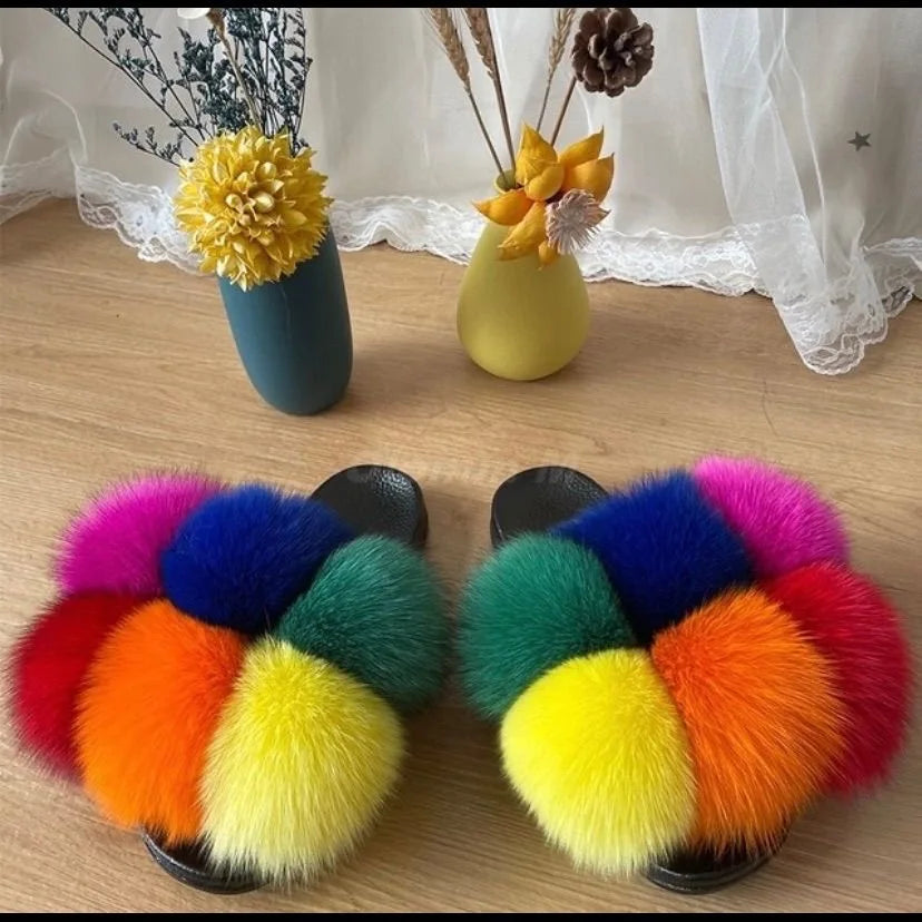 Natural Fox Fur Slippers, Fashionable Outdoor Multi-Color Animal Hair Slippers, Women's Gifts, Soft EVA Sole Slippers, On Trend