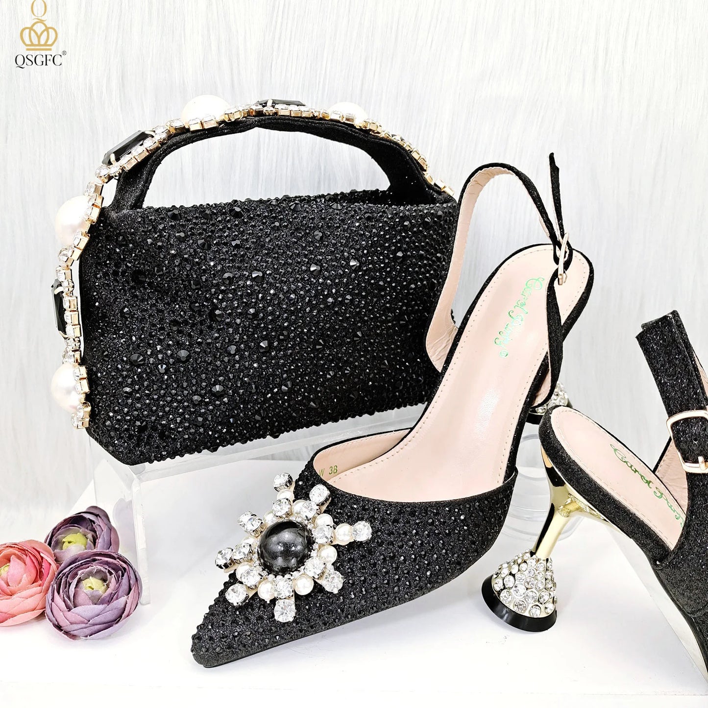 QSGFC 2026 New Fashion Purple Sandals Sequins Rhinestone Point Toe High Heels Slingback Women's Dress Women's Shoes & Bag Set