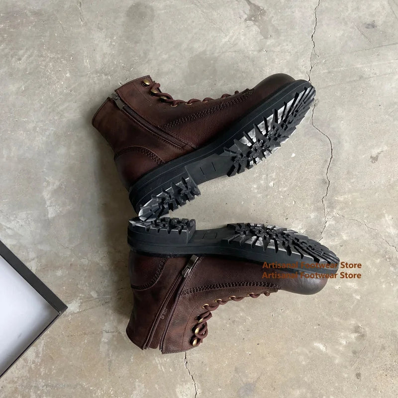 Vintage Thick-Soled Zipper Boots for Men Genuine Leather High-Top Brown Leather Trendy Handmade British Style Men's Boots