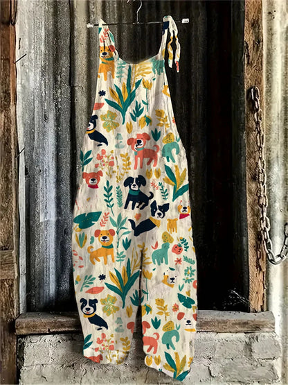 Cute Puppy Print Women's Jumpsuit, Breathable Cotton-Like Jumpsuit