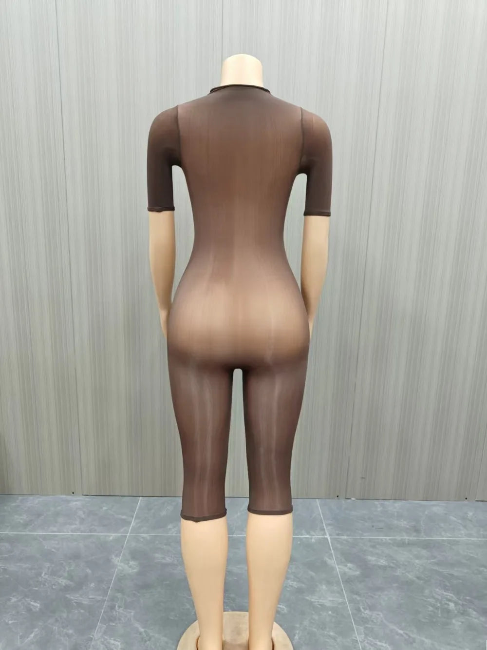 FLARORA Sexy Mesh See Through Rompers Woman Trend O Neck Short Sleeve Skinny Peach Hip Playsuits Stretch Midnight Party Clubwear