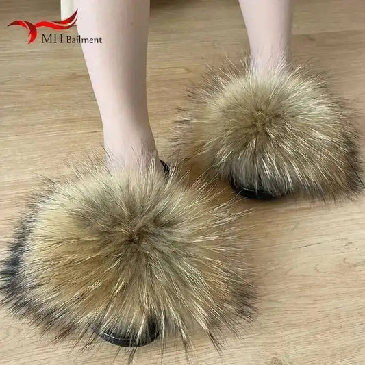 Real Raccoon Fur Slippers For Women 2026 Summer Fluffy Indoor House Fuzzy Flat Slides Outdoor Fashion Beach Sandals Flip Flops