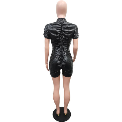HLJ Black Sexy Deep V Short Sleeve Bodycon Rompers Women Stacking Design Slim Shorts One Piece Jumpsuit Female Nightclub Overall