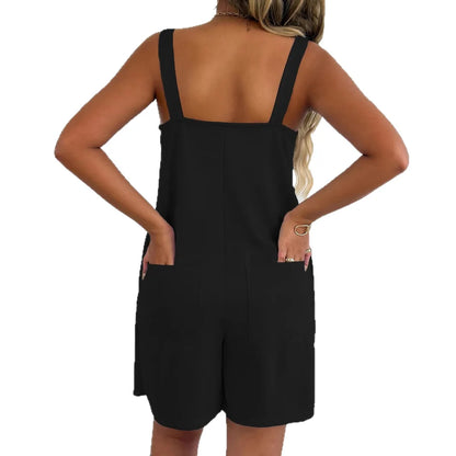 Women Sleeveless Strap Short Romper Heart Neck Pleated Wide Leg Jumpsuit With Pockets Loose Summer Casual Beach Vacation Outfit