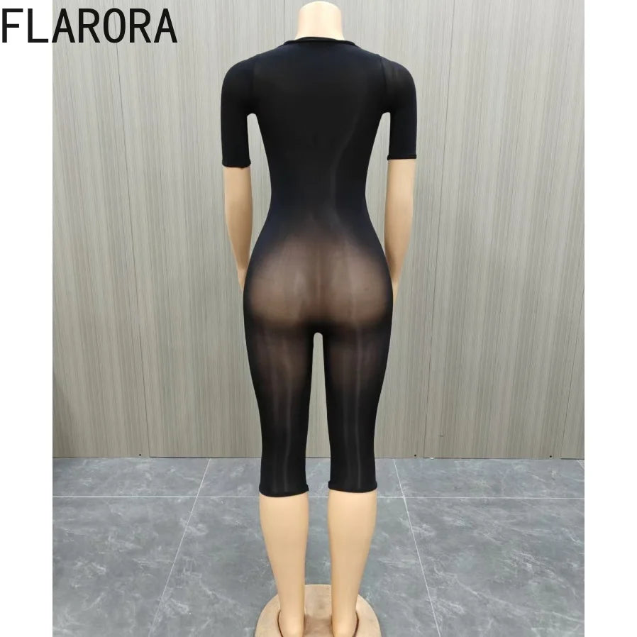 FLARORA Sexy Mesh See Through Rompers Woman Trend O Neck Short Sleeve Skinny Peach Hip Playsuits Stretch Midnight Party Clubwear