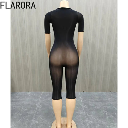 FLARORA Sexy Mesh See Through Rompers Woman Trend O Neck Short Sleeve Skinny Peach Hip Playsuits Stretch Midnight Party Clubwear
