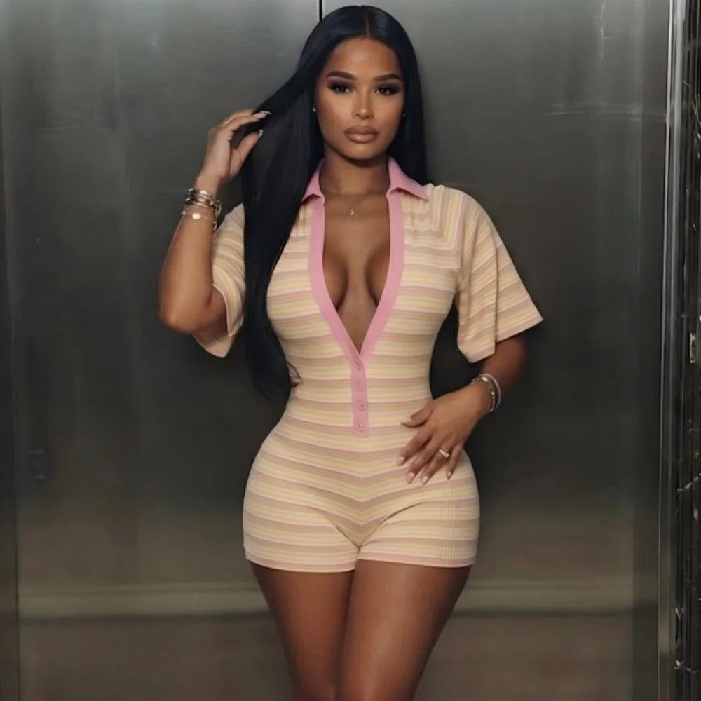 FLARORA Trend Stripe Print Rompers Woman Sexy Deep V Neck Short Sleeve Skinny Peach Hip Playsuits Hot Girl Party Club Overalls