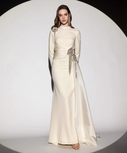 Customized Modern Style Jersey Pleat Flower Sequined Trumpet High Collar Long Dresses Bespoke Occasion Party Sizes Available
