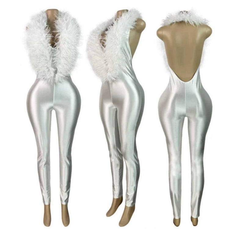 FAGADOER Women Faux Fur Halter Jumpsuit Deep V Neck Sleeveless Shiny Bodycon Long Pants Sexy Party Clubwear One Piece Outfit
