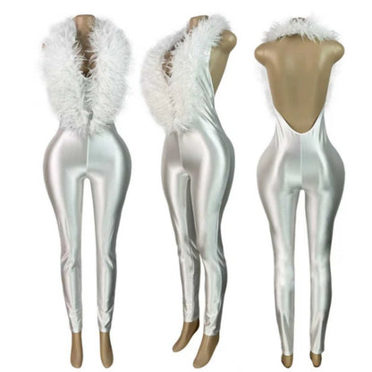 FAGADOER Women Faux Fur Halter Jumpsuit Deep V Neck Sleeveless Shiny Bodycon Long Pants Sexy Party Clubwear One Piece Outfit