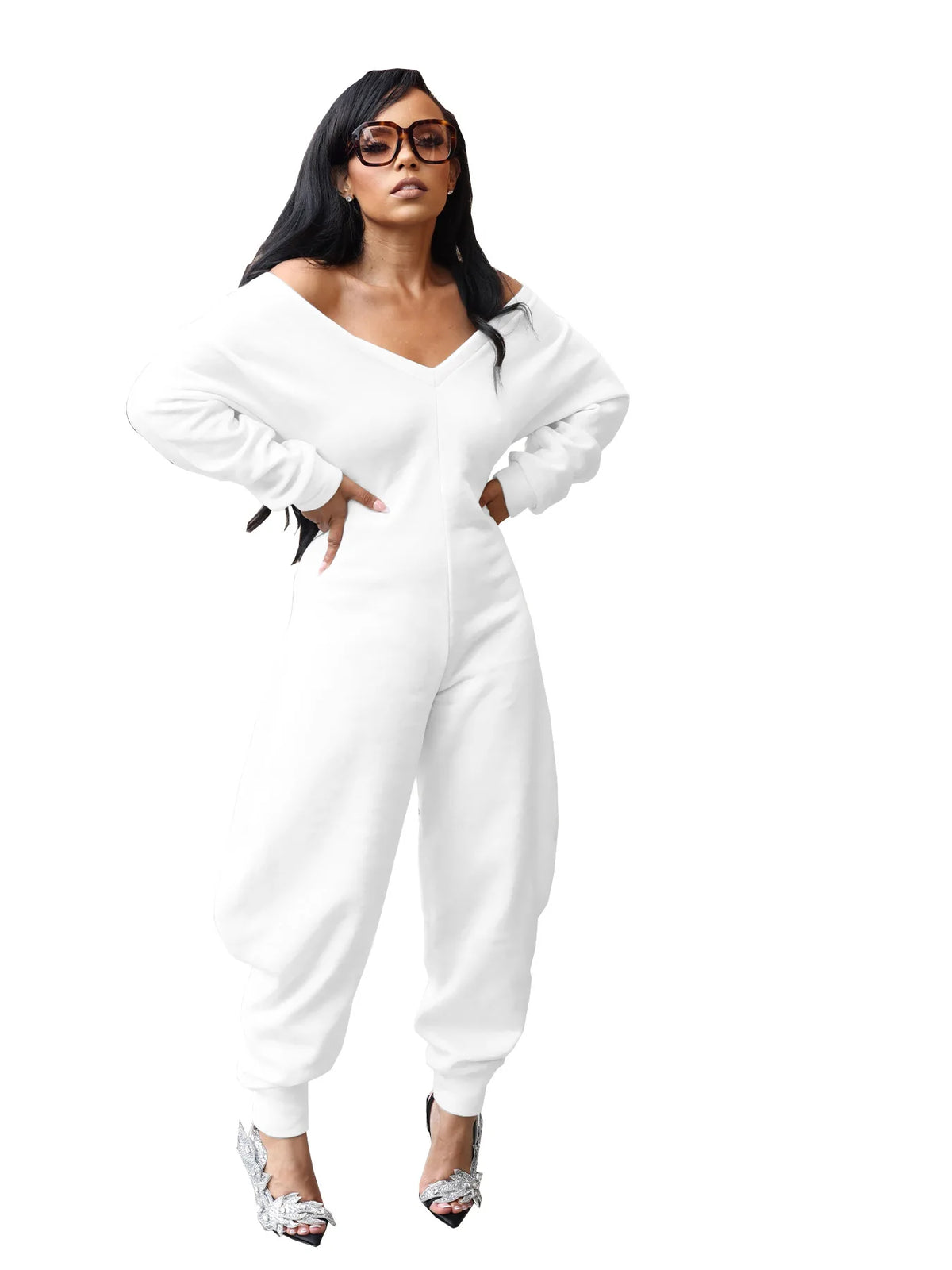 GLCMYAYA Women Long Sleeve V-neck Loose Jumpsuits 2025 Winter Autumn One Piece Set Party Casual Fitness Streetwear Outfits