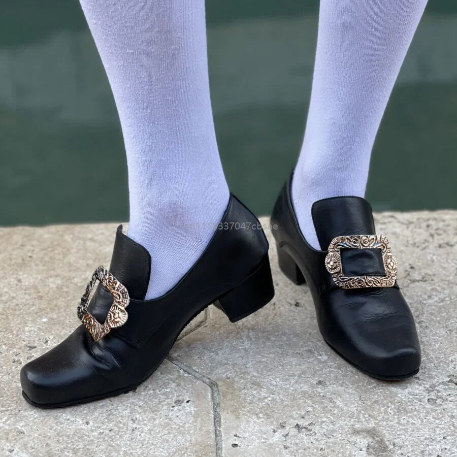 Vintage Medieval Renaissance Frock Shoes Unisex Block Heels With Buckle Boot Halloween Cosplay Costume Party Historical Footwear