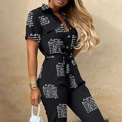 2025 New Women's Jumpsuit Casual Workwear Summer Romper with Print Button-up Lapel Waist Belt Slim Fit One Piece Pants Set Fashi