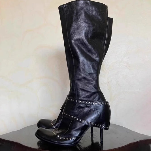 Fashion Design Rivet Round Toe Zipper Women Knee-High Boots Punk Style Splicing Thin High Heels Banquet Striptease Shoes