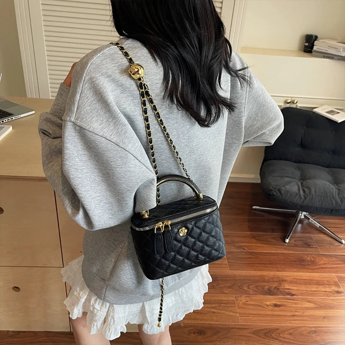 Women Luxury Shoulder Bag Diamond Quilted Metal Flower Accent Large Capacity Zipper Adjustable Strap for Daily Travel Business