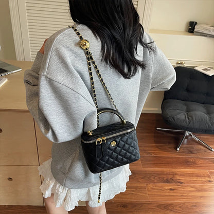 Women Luxury Shoulder Bag Diamond Quilted Metal Flower Accent Large Capacity Zipper Adjustable Strap for Daily Travel Business