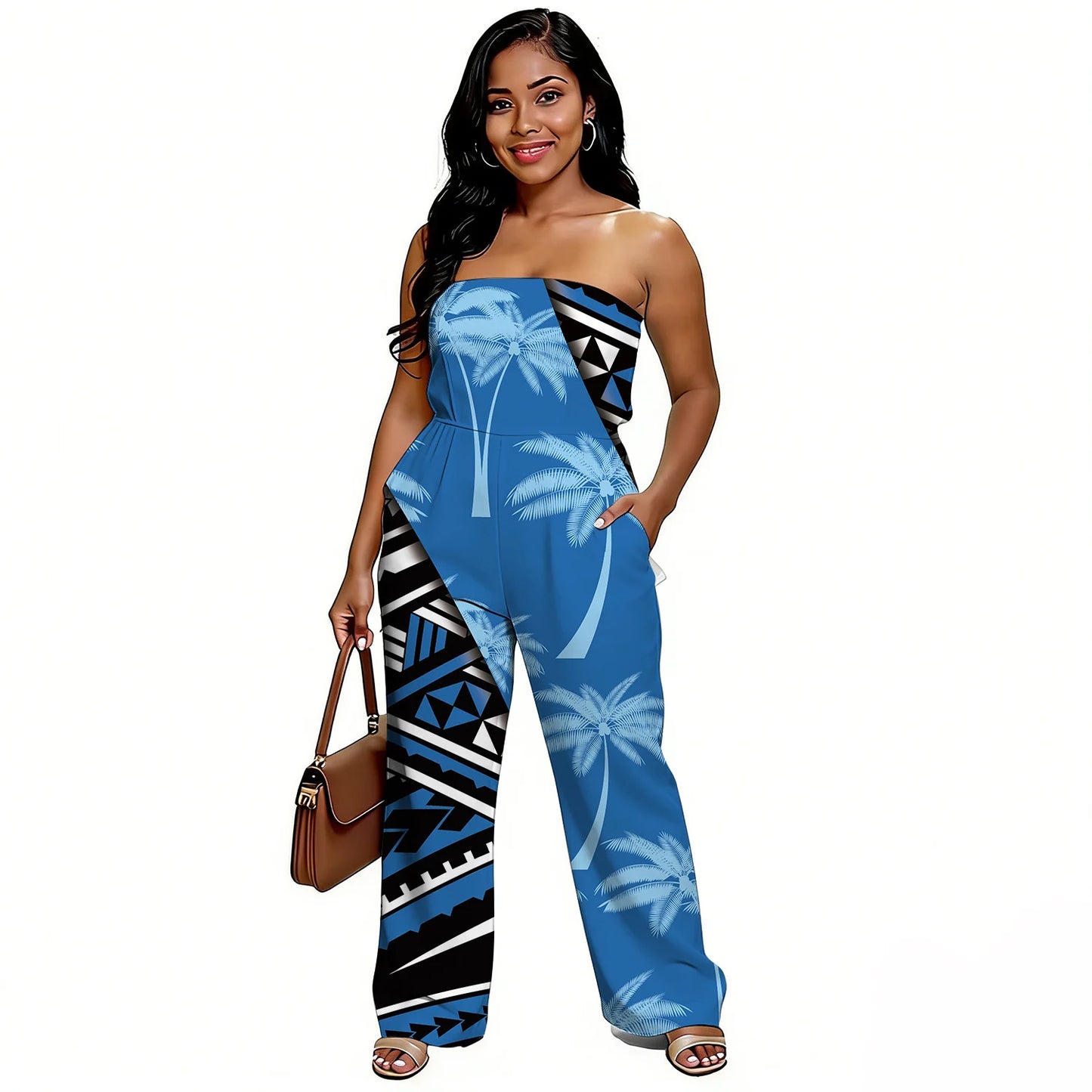 Newly designed Polynesian-style casual loose-shoulder women's one-piece pants with ethnic style - Samoan wide-leg pants