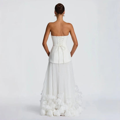 White Strapless Pleated Chiffon A-Line Wedding Dress With 3D Floral Hem Modern Bridal Gown For Women Brides Formal Evening Party