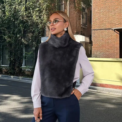 Trendy Outerwear Eco Mink Fur Turtleneck Tank Tops Fluffy High Collar Crop Top Thicken Layering Piece Sable Vest Women's Apparel