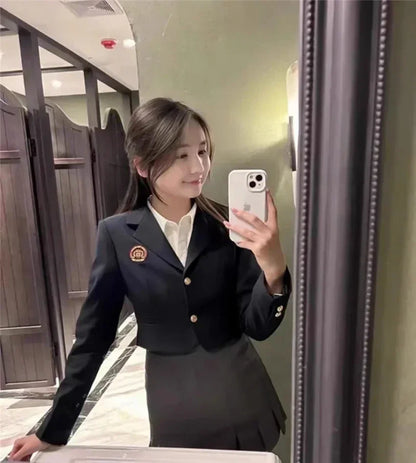 Daily Korean JK Uniform Set College Style Girls Short Suit Blazer Navy Coat Wrap Hip Skirt Tie Shirt Hot Girl Set Spring Autumn