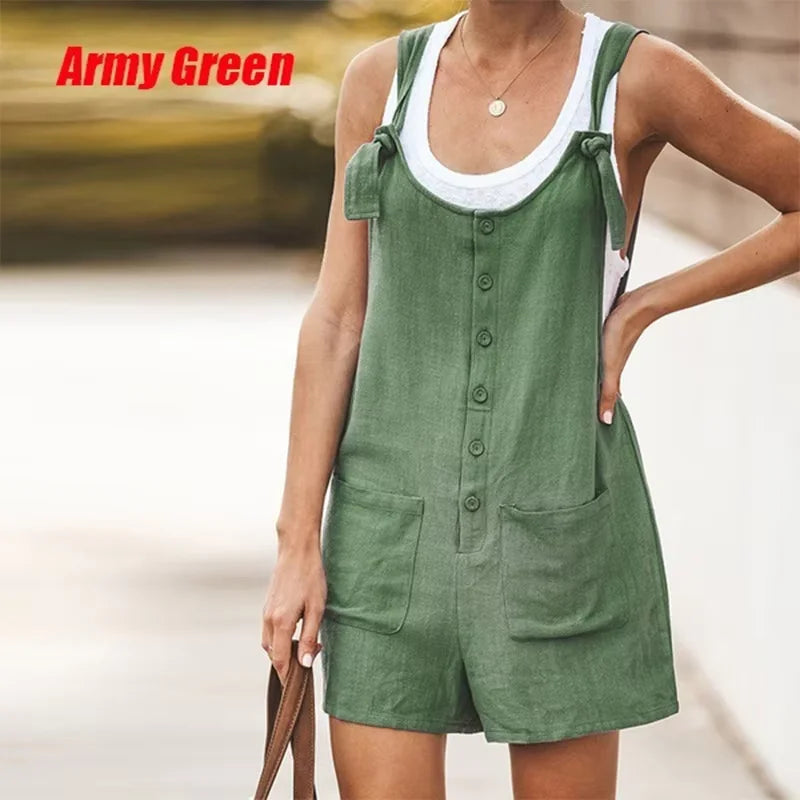 Summer Women's Solid Color Patch Pocket Tied Cotton Linen Suspender Pants Casual Classic Style High Waist Wide Leg