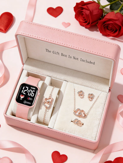 Square Watch Silicone Strap Heart-Shaped Jewelry Set No Packaging Box Birthday Gift