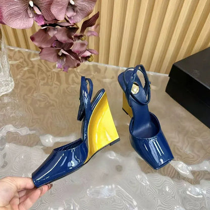 Ankle Strap Patent Leather Peep Toe Summer Women Sandals Wedges High Heel Buckle Strap Design Large Size Fashion Show Shoes