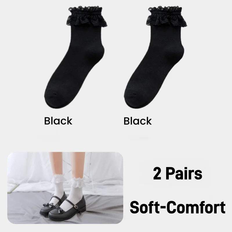 Women's Japanese Lolita JK Ankle Socks Kawaii Cotton with Lace Trim - Cute White/Black Crew Socks for Girls Cosplay Casual Wear