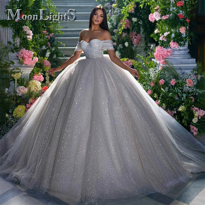 Moonlight Glitter Tulle Wedding Dresses Off Shoulder Shiny Pleated Prom Bridal Gown Sparkly Ball Pageant Customized Bride Gown