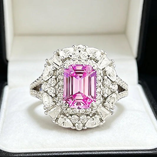 Luxury 18K white Solid Platinum PT950 certifid rectangular 6*8mm pink sapphire culture ring with multi-shaped diamond surround