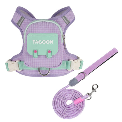 Cute Backpack Dog Harness with Leash, Reflective Soft Pet Vest for Small Medium Dogs Cats, Adjustable Walking Harness Set