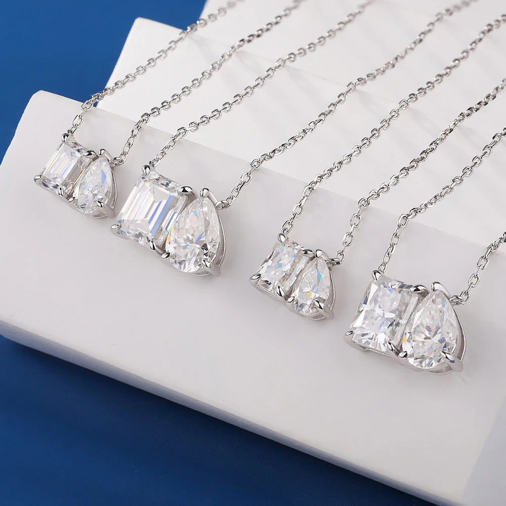 925 Sterling Silver Two Stone Toi Et Moi Necklace 2/5cttw Radiant Emerald Pear Cut Moissanite Pendant Necklace Fine Jewelry Gift