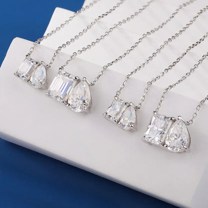 925 Sterling Silver Two Stone Toi Et Moi Necklace 2/5cttw Radiant Emerald Pear Cut Moissanite Pendant Necklace Fine Jewelry Gift