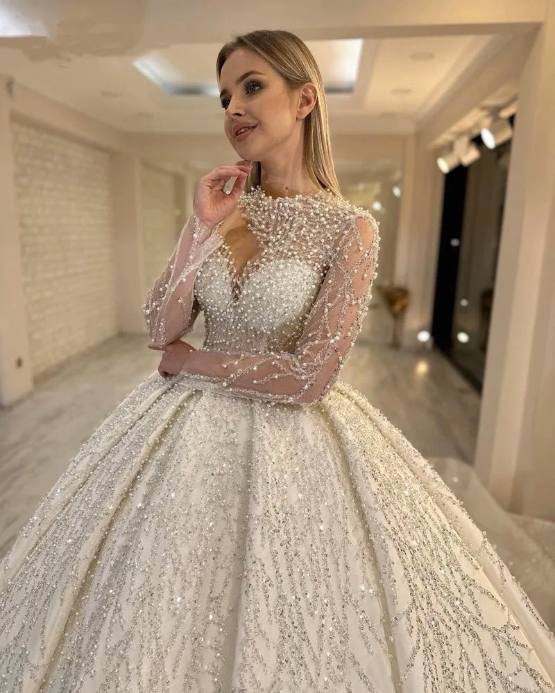 Customized Glamorous Pearls Sequins Long Sleeves Wedding Dresses Princess Beading Bride Ball Gowns Vestidos De Novia