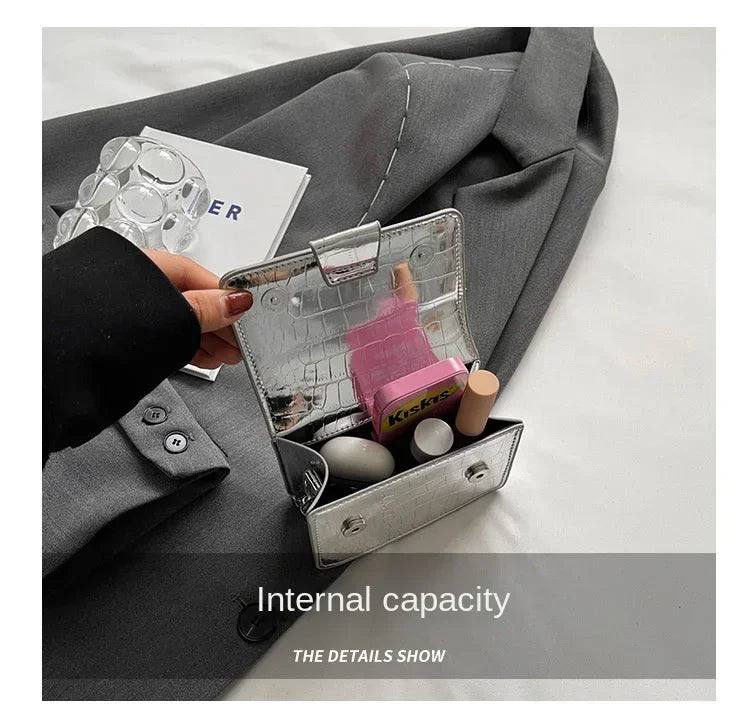 Vintage Women Silver Chic Crossbody Bag Luxury Designer Small Shoulder Bags Fashion Gold Mini Square Cute Pu Leather Handbag