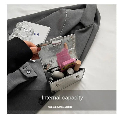Vintage Women Silver Chic Crossbody Bag Luxury Designer Small Shoulder Bags Fashion Gold Mini Square Cute Pu Leather Handbag