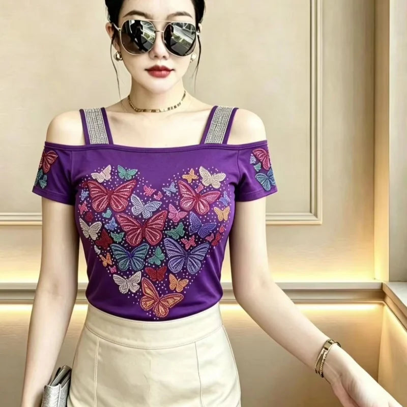 High Quality Elasticity Clothes Fashion T-Shirts Women's Sexy Off Shoulder Shiny Diamonds Mesh Tops Summer Tees Shirt
