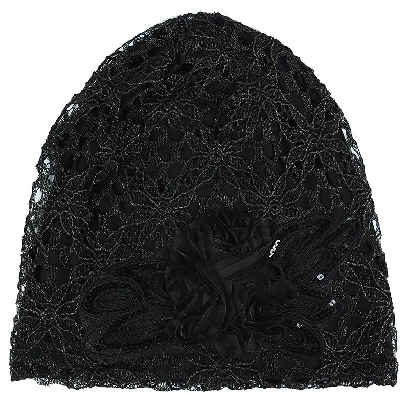 Elegant Women Sequins Lace Turban Cap Flowers Muslim Headwear Hat Female Head Wraps Ladies Headscarf Bonnet Turbante Mejur