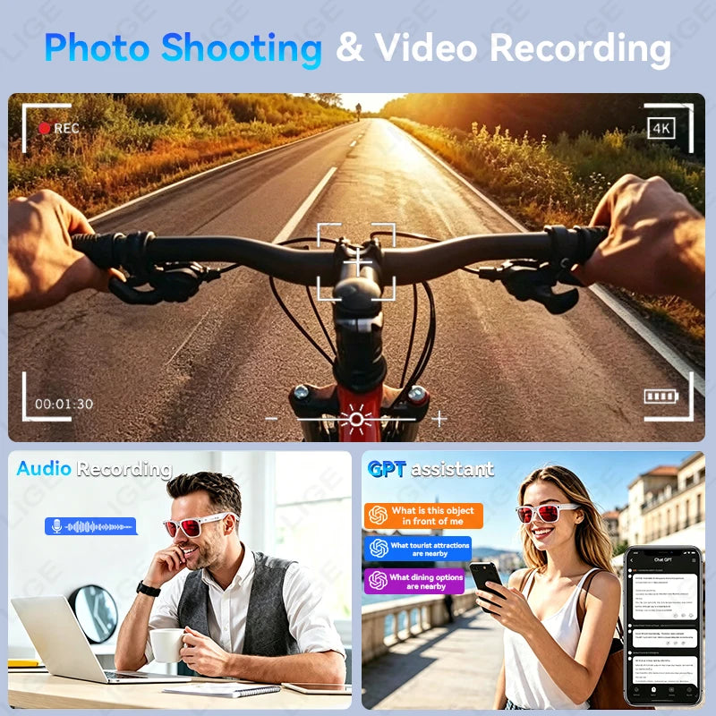 LIGE 2026 4K 13MP Smart Glasses Men HD Camera AI Translation Chat WIFI Video Recording Bluetooth Call Audio Sunglasses Men Women