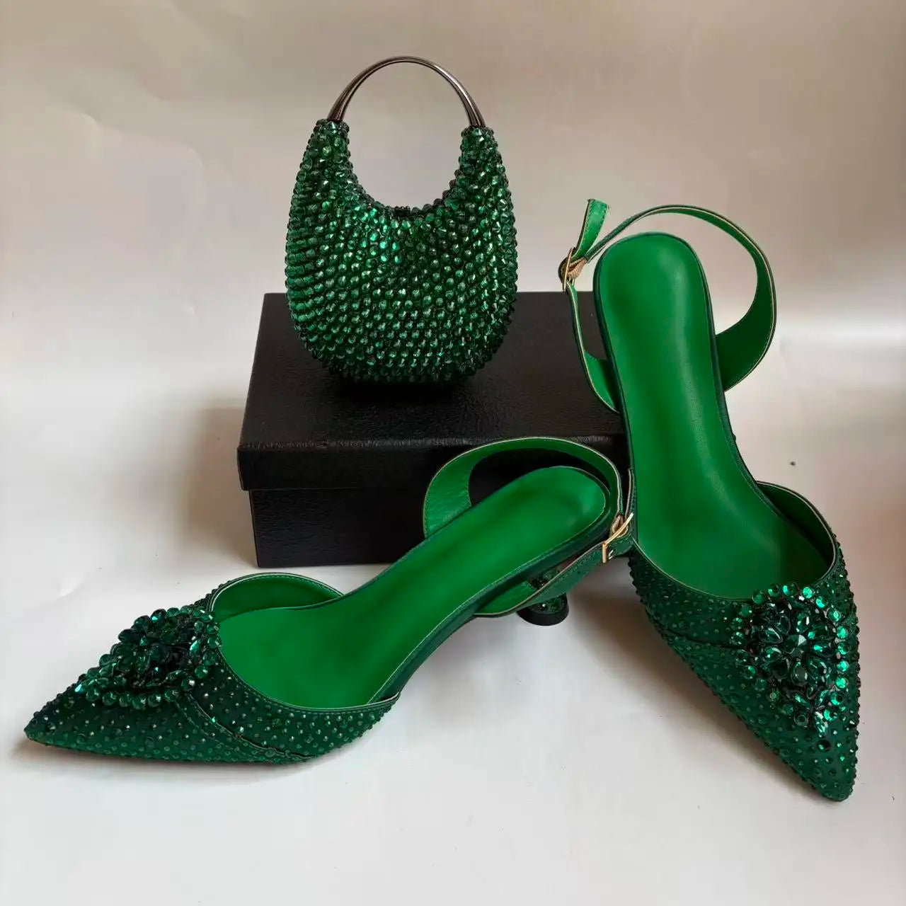 Insightlink Green Crystal High Heel with Bag Set for Bridal Wedding Party Designer Pointed Toe and Clutch Luxury Sandal Handbag