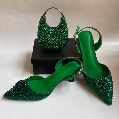 Insightlink Green Crystal High Heel with Bag Set for Bridal Wedding Party Designer Pointed Toe and Clutch Luxury Sandal Handbag
