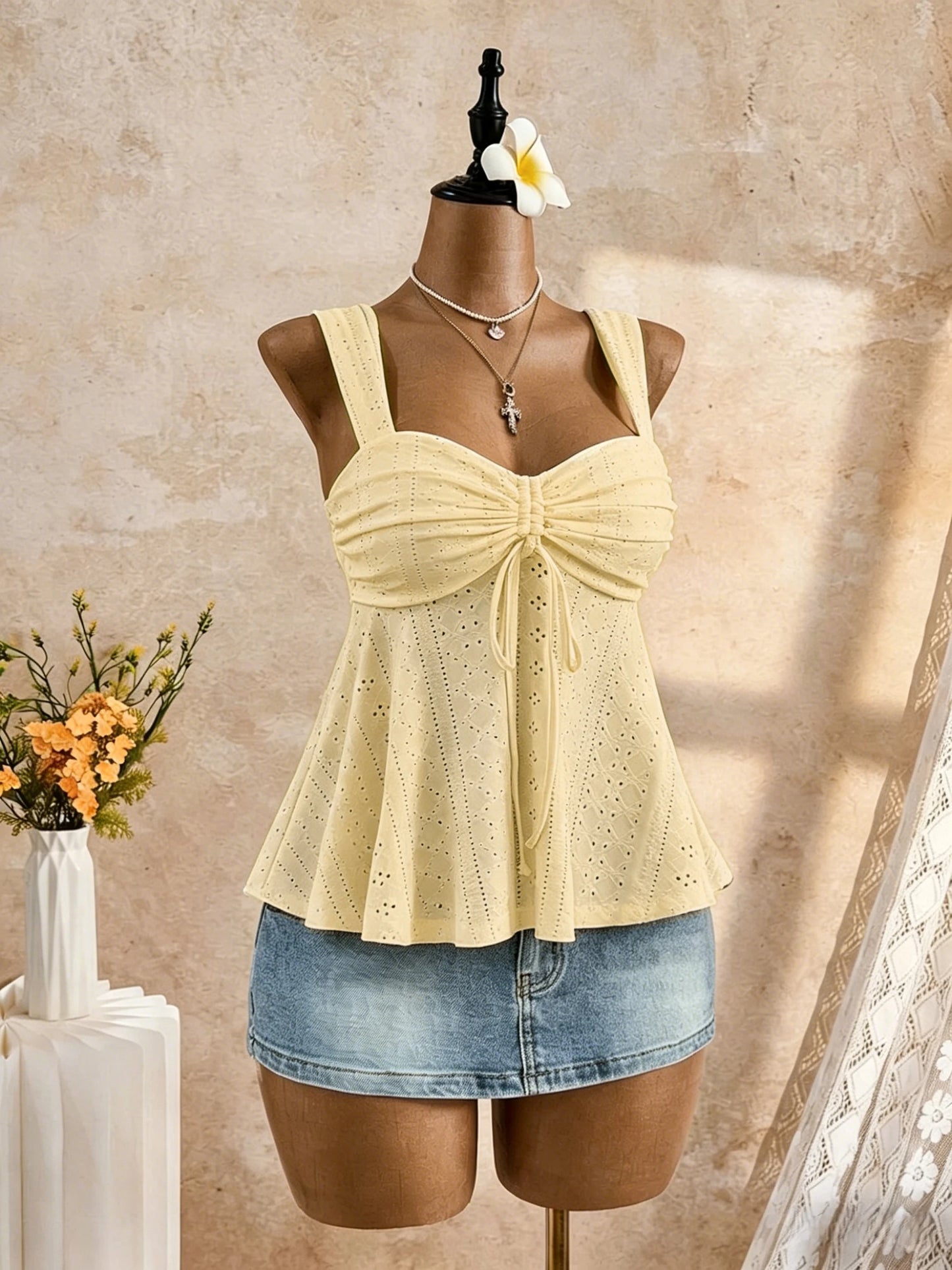 Women White Eyelet Lace Cami Top Casual Ruched Tie Front Peplum Sleeveless Camisole
