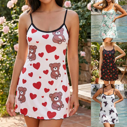 FINETOO Summer Teddy Bear Sleepwear Women Seamless Hearts Butterfly Floral Printed Sleeveless Ruffled Loungewear Cute Nightdress