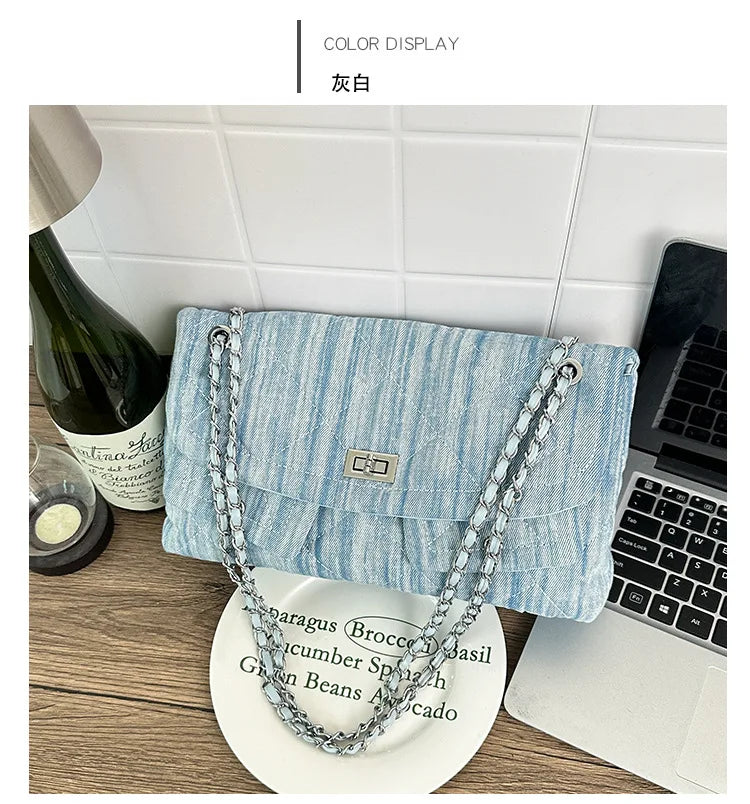 Korean Brand Shoulder Bag 2026 New Denim Side Bags for Women Ladies Crossbody Solid Fashion Chain Designer Daily Commuter City