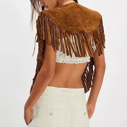 Women Tassel Vest Y2K Sleeveless Fringe Wide Eyes Suede Collar Shawl Open Front Boho Western Jacket Cardigan