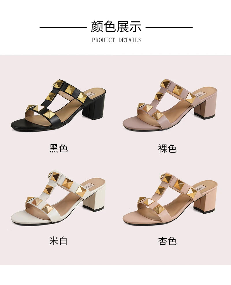 Women's Sandals Summer Gladiator Heeled Sandals Luxury Heeled Slippers Rivets Open Toe High Heels Elegant Ladies Shoes Women